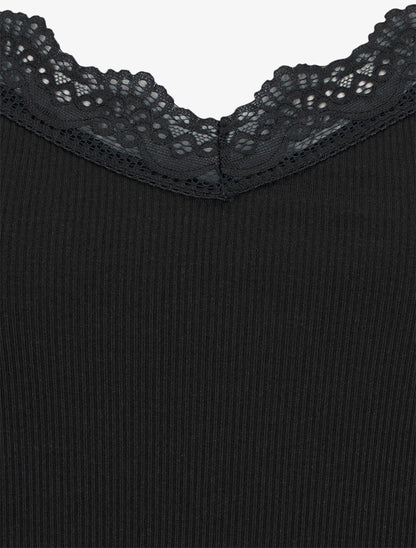 Débardeur côtelé à bretelles en dentelle - Noir - 3