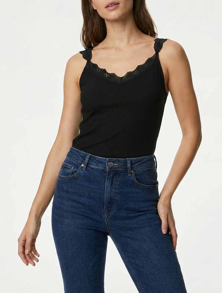 Camiseta de tirantes acanalada con encaje - Negro