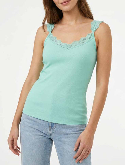 Camiseta de tirantes acanalada con encaje - Verde agua
