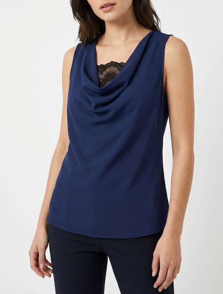 Top sin mangas con escote drapeado y encaje - Marine