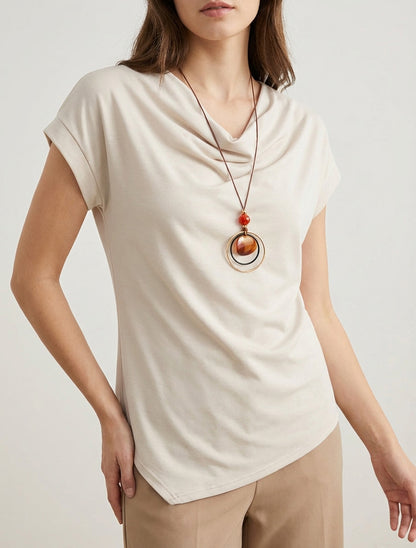 Top de mangas cortas con cuello drapeado - Beige claro