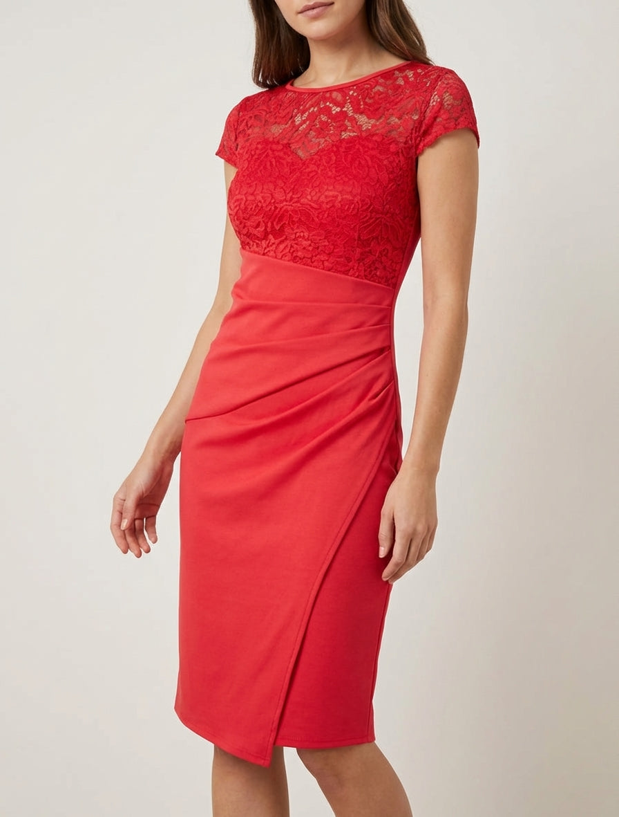 Vestido ajustado de encaje y drapeado - Rojo