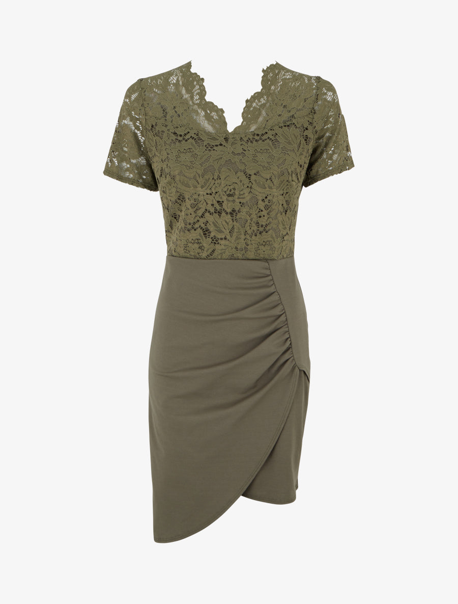 Vestido ajustado de manga corta y encaje - Caqui