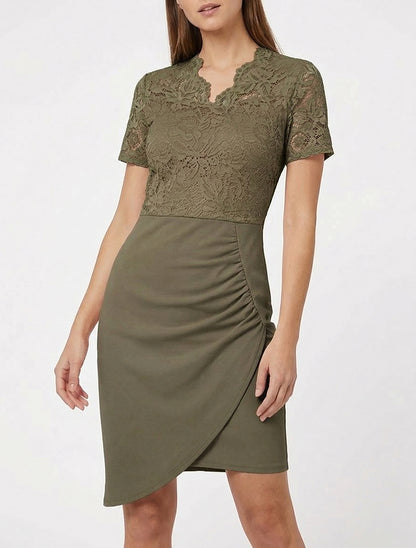 Vestido ajustado de manga corta y encaje - Caqui