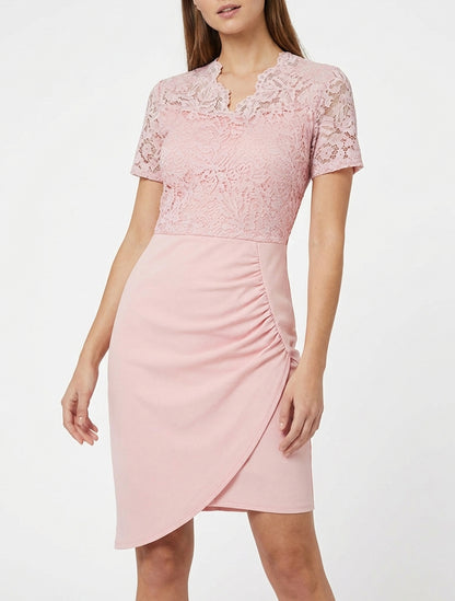 Vestido ajustado de manga corta y encaje - Rosa