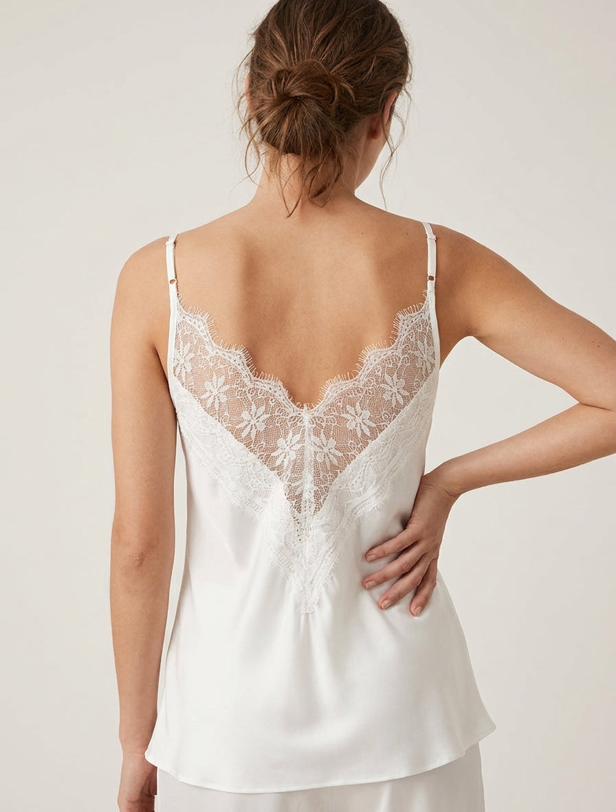 Camisón satinado con espalda de encaje - Blanco