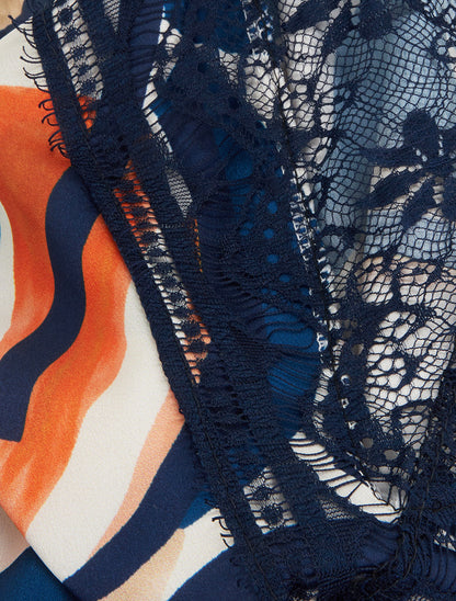 Caraco imprimé abstrait à dentelle au dos - Marine - 3