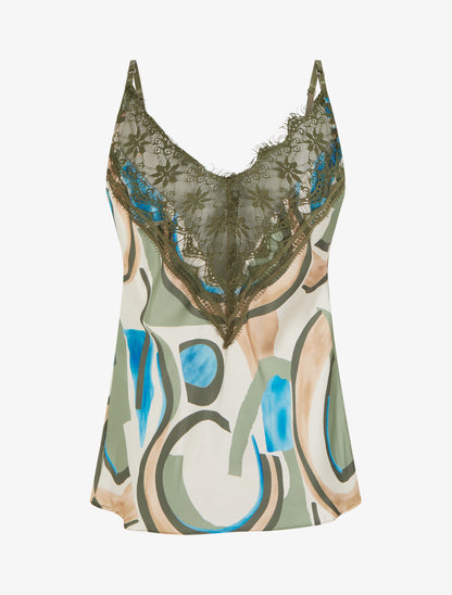 Caraco imprimé abstrait à dentelle au dos - Kaki - 2