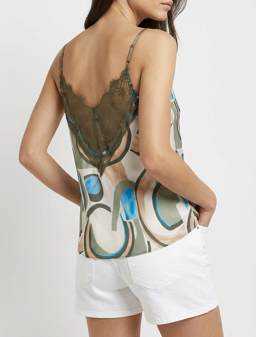 Cárdigan con estampado abstracto y encaje en la espalda. - Caqui