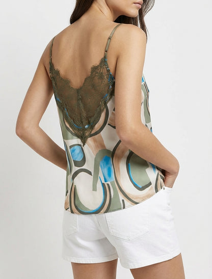 Cárdigan con estampado abstracto y encaje en la espalda. - Caqui