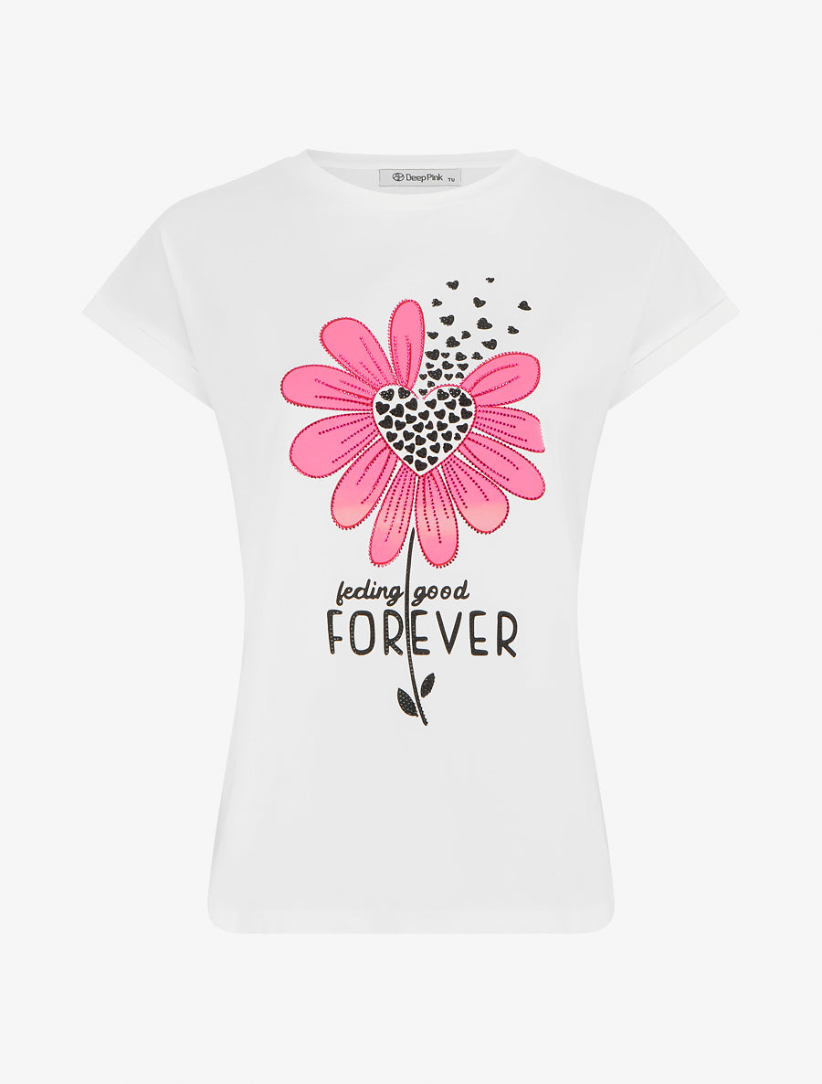 Camiseta con strass y estampado de flores - Blanco