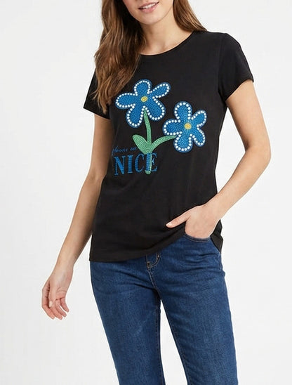 Camiseta con strass y flores - Negro