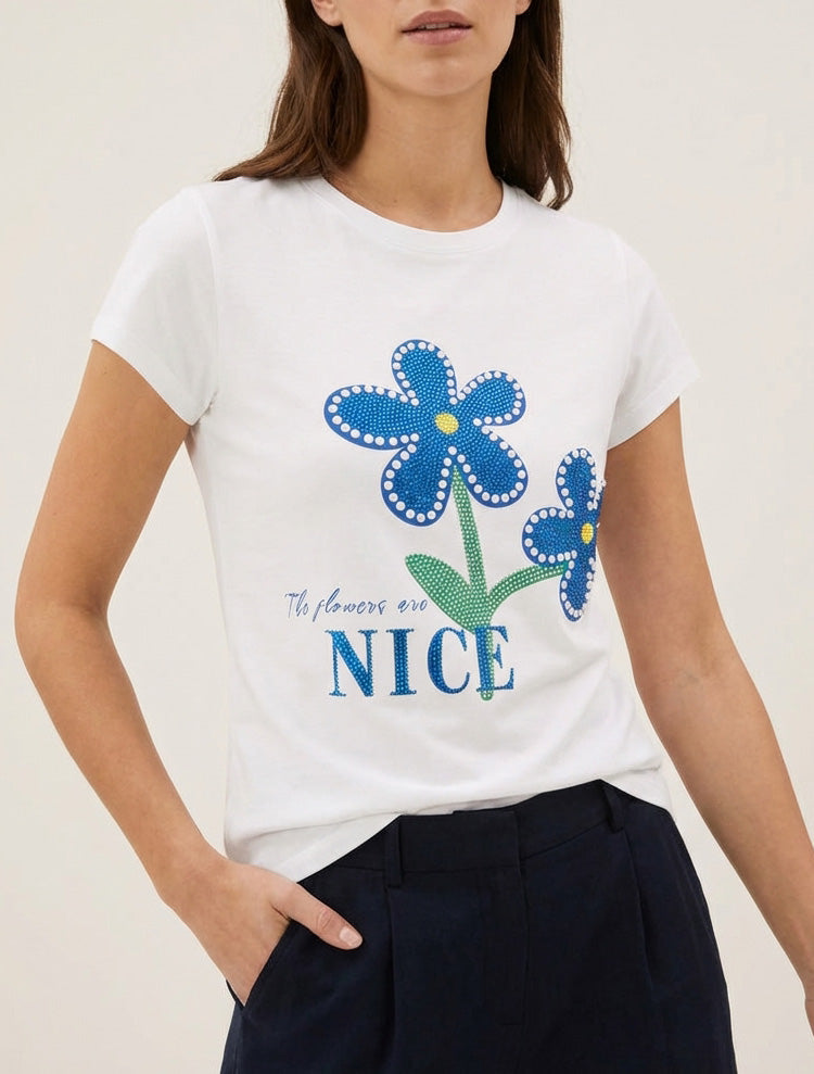 Camiseta con strass y flores - Blanco