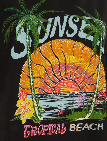 T-shirt motif sunset à strass - Noir - 3