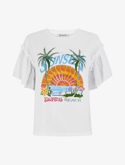 T-shirt motif sunset à strass - Blanc - 1