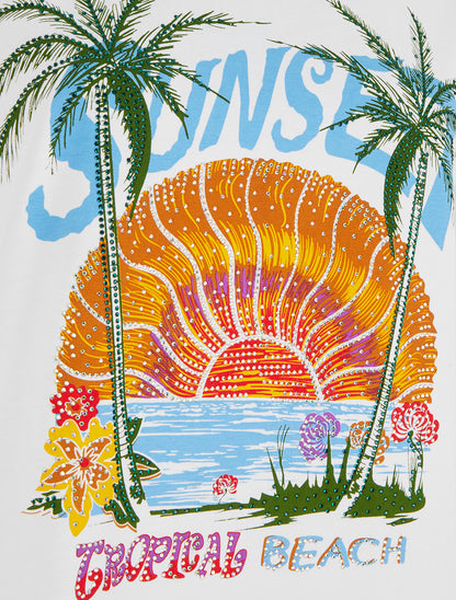 T-shirt motif sunset à strass - Blanc - 3