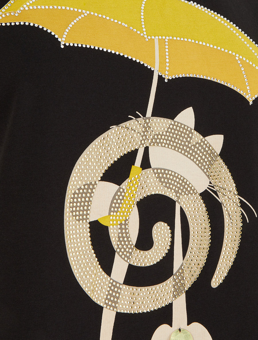 T-shirt à motif chat et parapluie strassé - Noir - 3