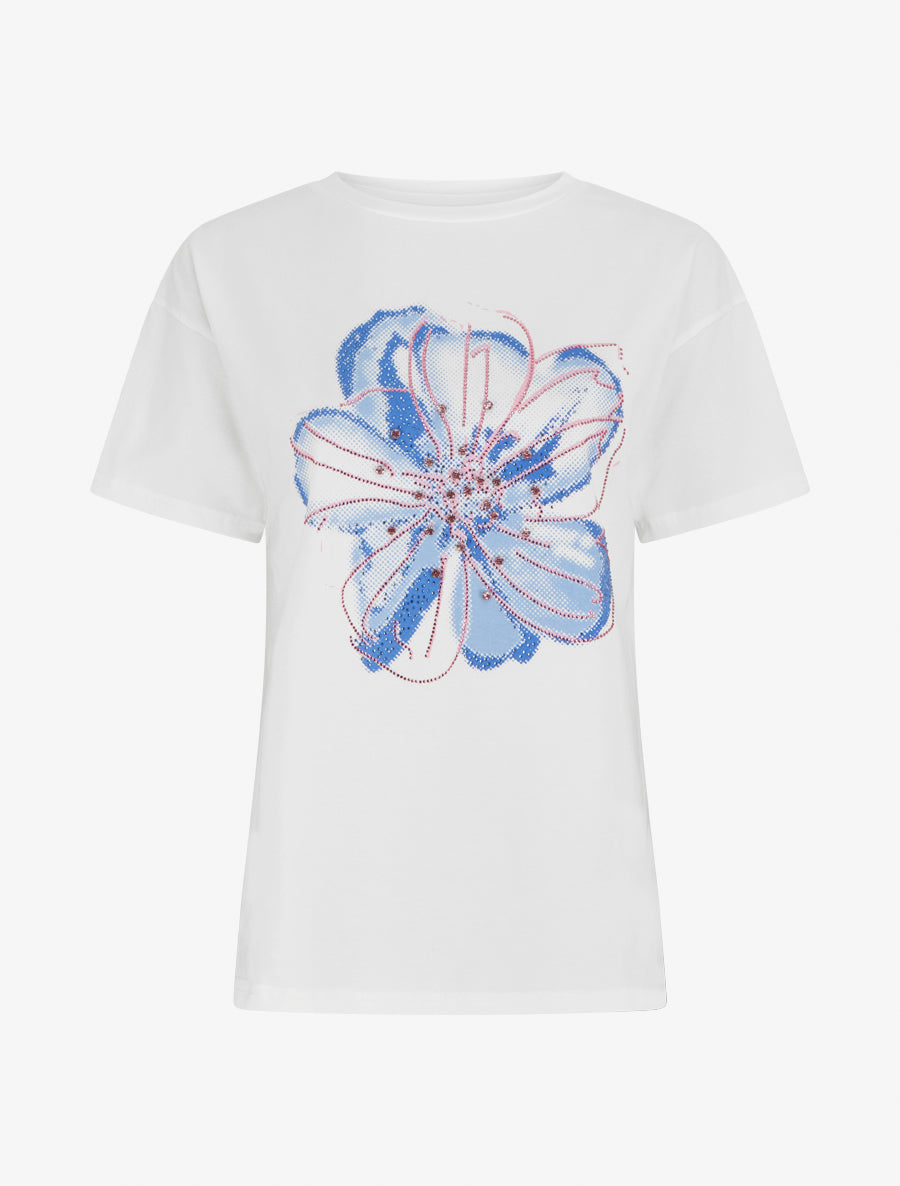 T-shirt à motif fleur et strass - Blanc - 1
