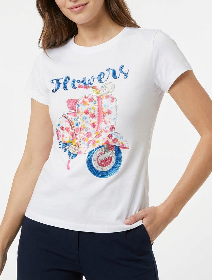 Camiseta con estampado de scooter con strass - Blanco