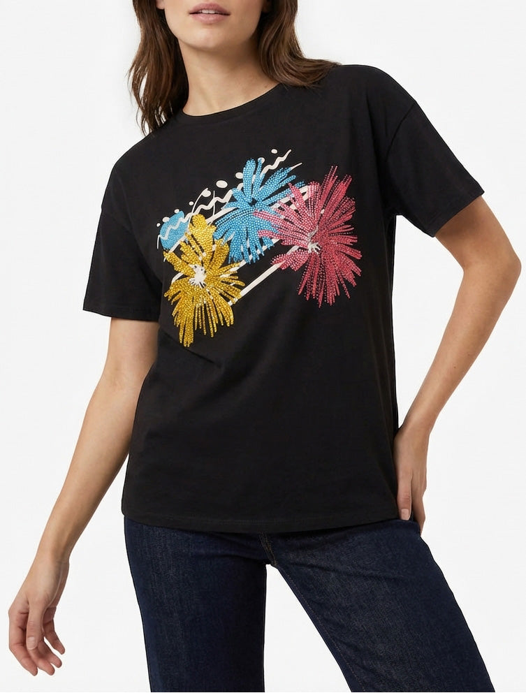 Camiseta estampada con fuegos artificiales y estrás - Negro