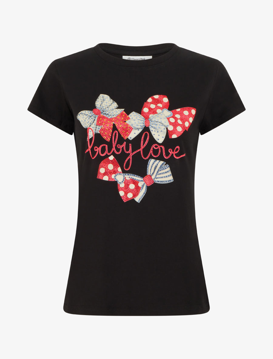 T-shirt imprimé noeuds strassés - Noir - 1