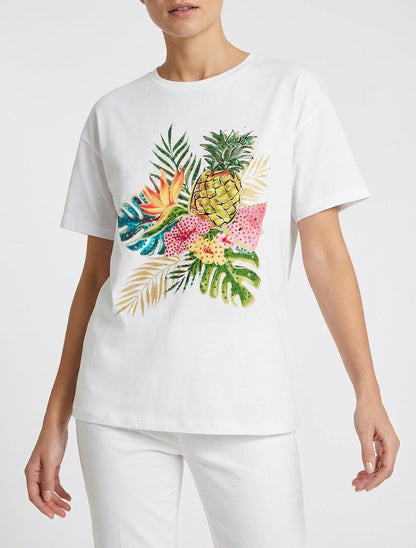 Camiseta estampada con frutas y strass - Blanco