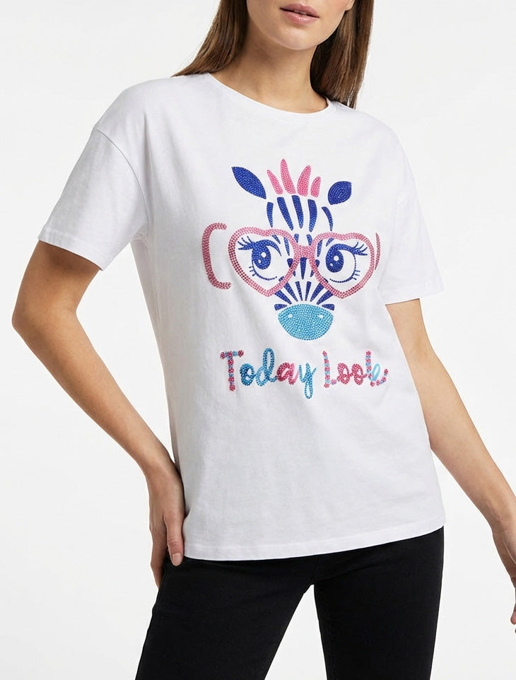 Camiseta estampada de jirafa con strass - Blanco