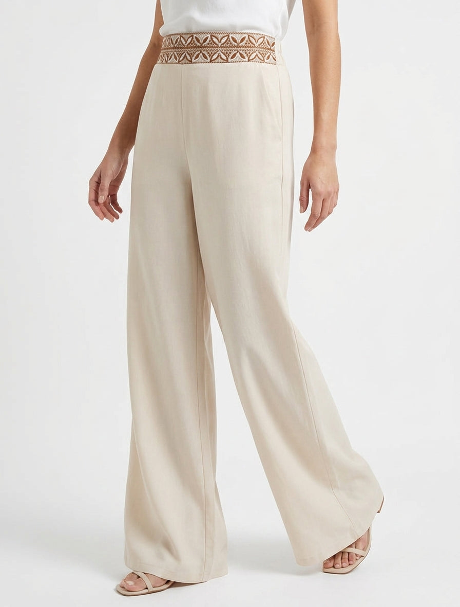Pantalón fluido liso de cintura alta - Beis