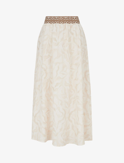 Jupe fluide longue à imprimé feuillage stylisé - Beige - 1