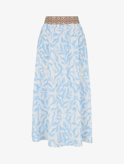 Jupe fluide longue à imprimé feuillage stylisé - Bleu ciel - 1