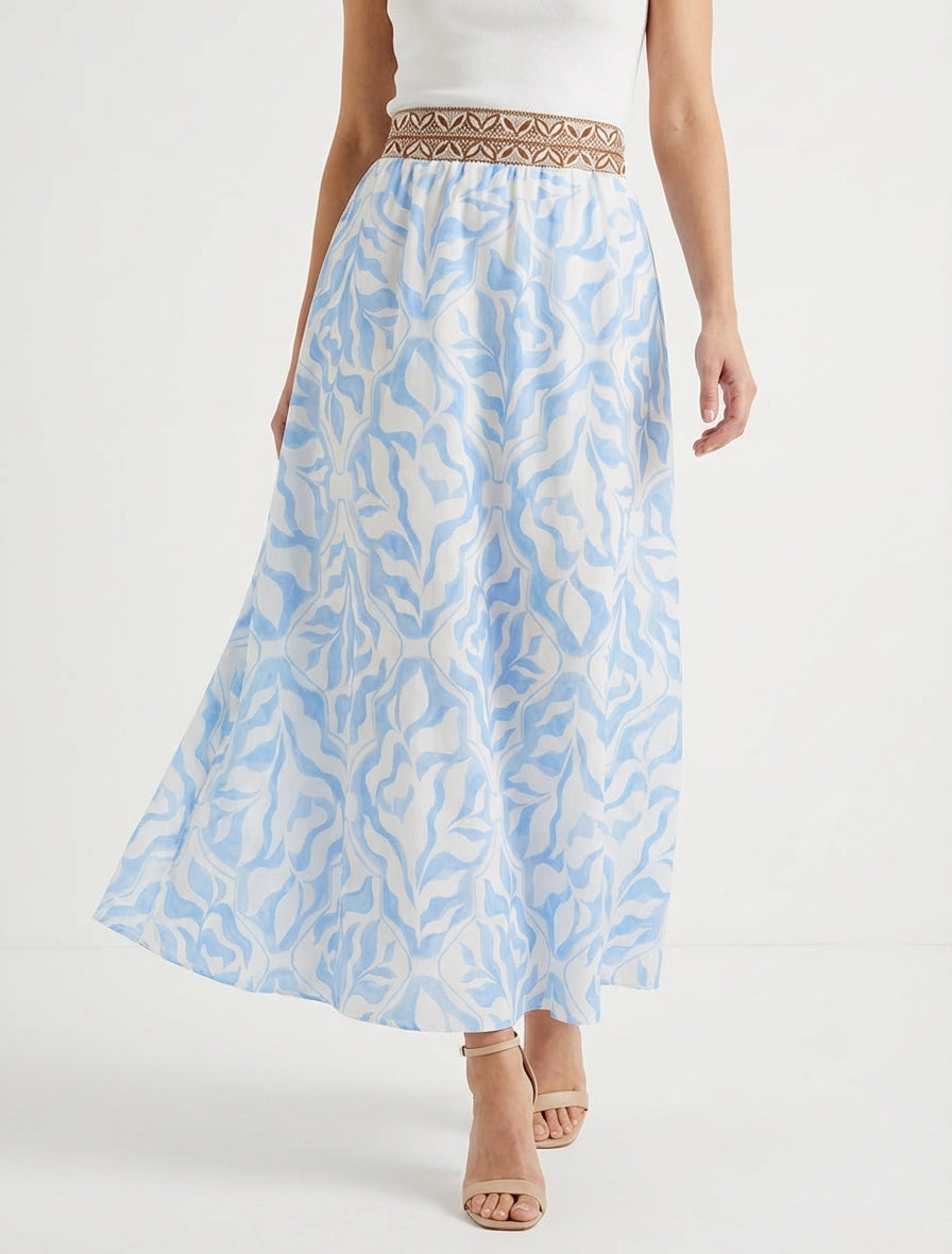 Falda larga fluida con estampado de follaje estilizado - Azul cielo