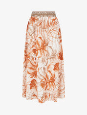 Jupe fluide longue à imprimé feuilles stylisées - Camel - 1