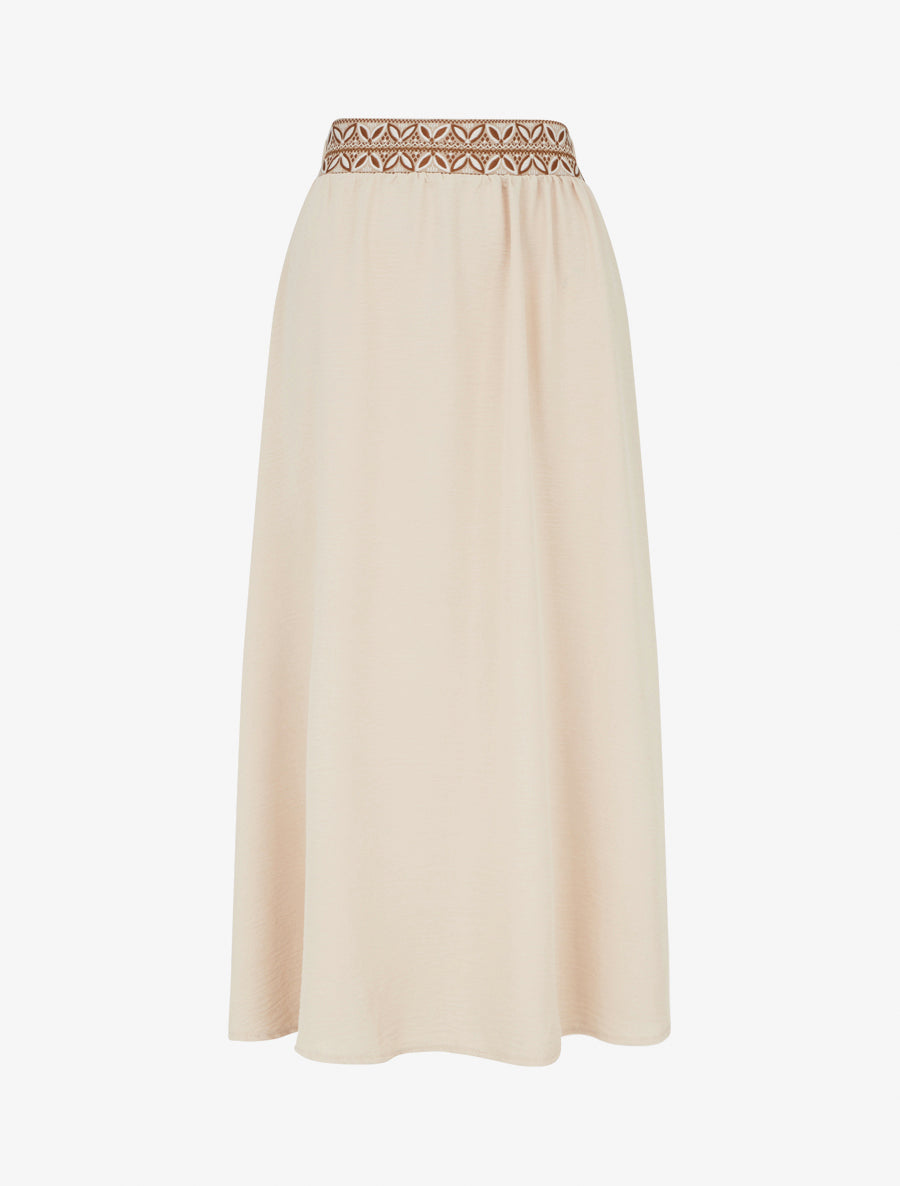 Jupe fluide longue à bande imprimé - Beige - 1