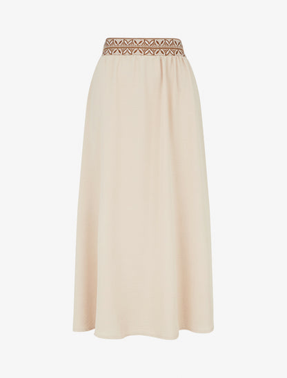Jupe fluide longue à bande imprimé - Beige - 1