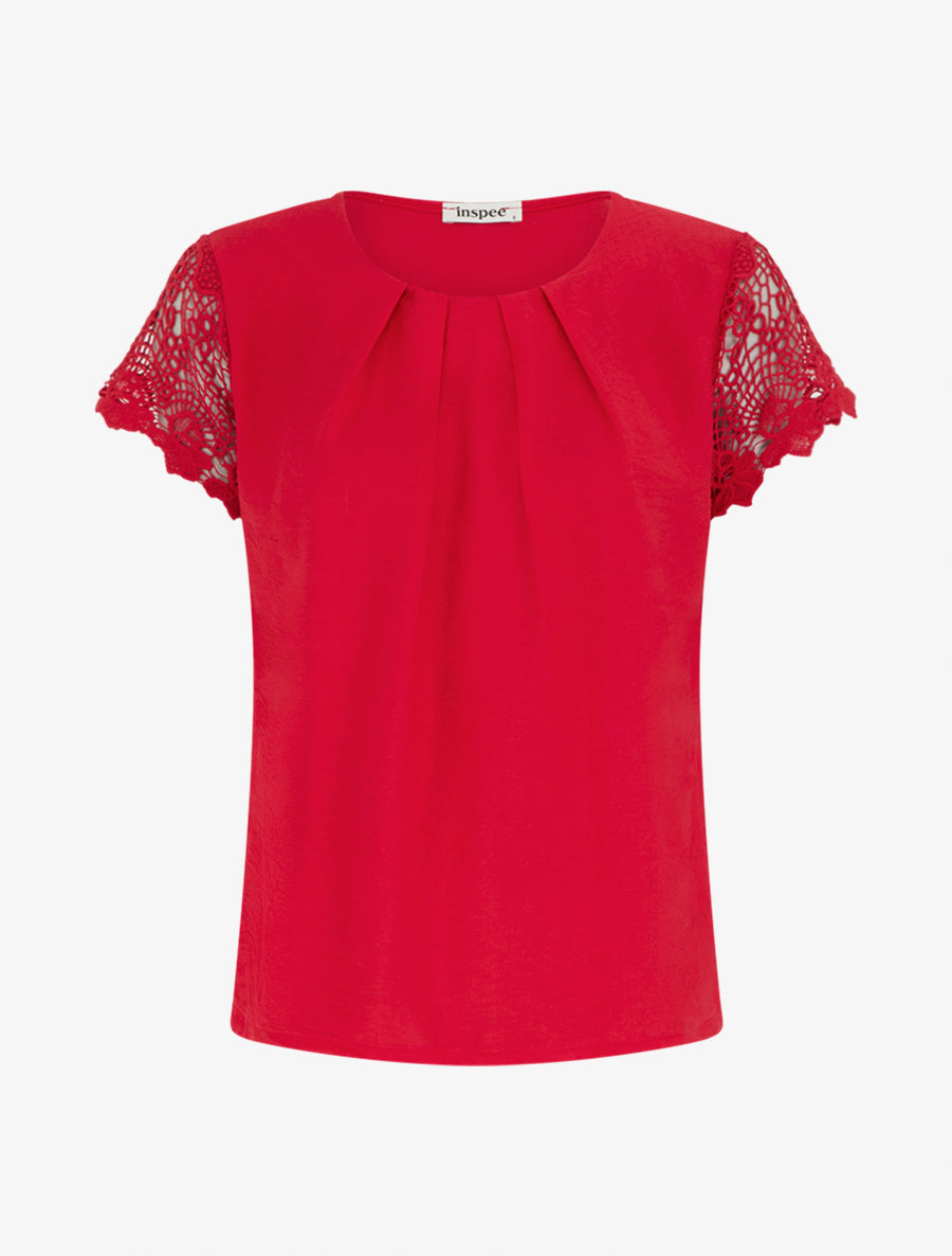 Top droit manches courtes en dentelle - Rouge - 1