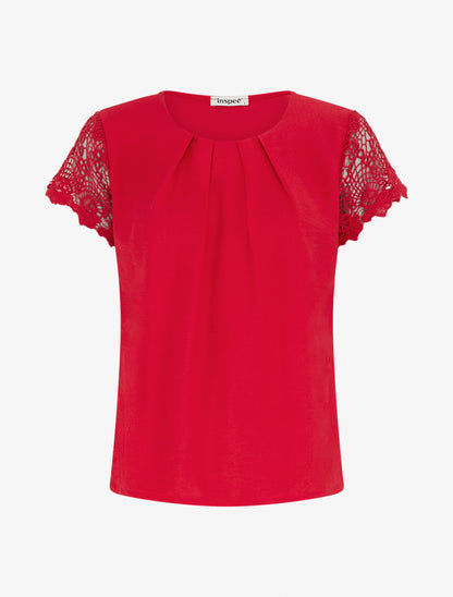 Top droit manches courtes en dentelle - Rouge - 1