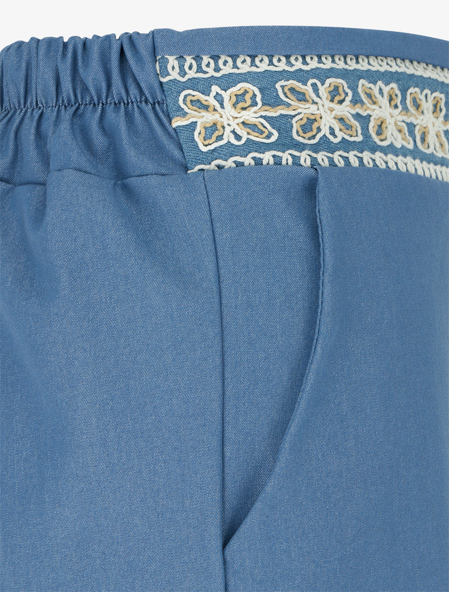 Pantalon fluide unie à bande brodée - Bleu ciel - 3
