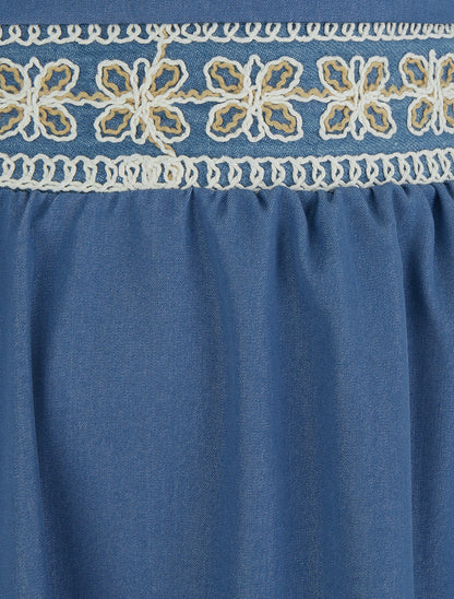 Jupe longue unie à bande brodée - Bleu - 3