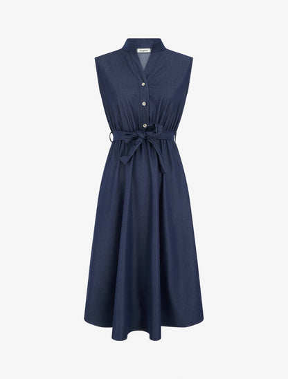 Robe unie élastiquée à buste boutonné - Bleu brut - 1