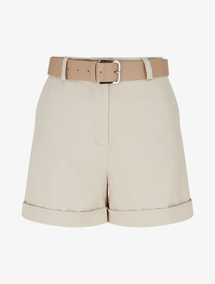 Short ceinturé uni à ourlet - Beige - 1