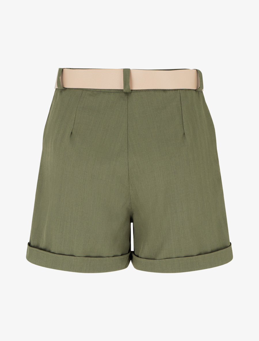 Short ceinturé uni à ourlet - Kaki - 2