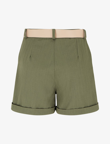 Short ceinturé uni à ourlet - Kaki - 2