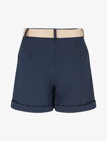 Short ceinturé uni à ourlet - Marine - 2