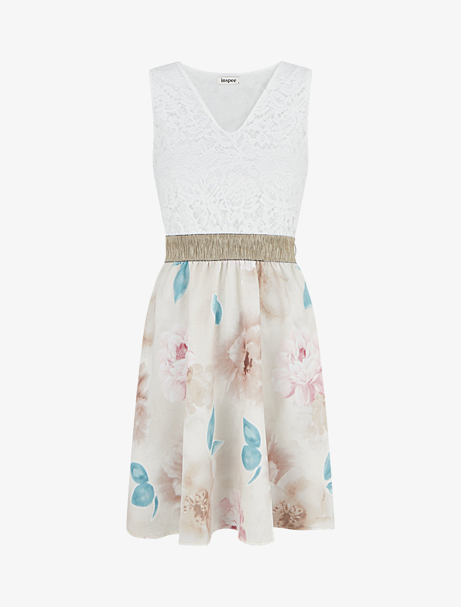 Robe mi-longue à dentelle et imprimé aquarelle - Beige - 1