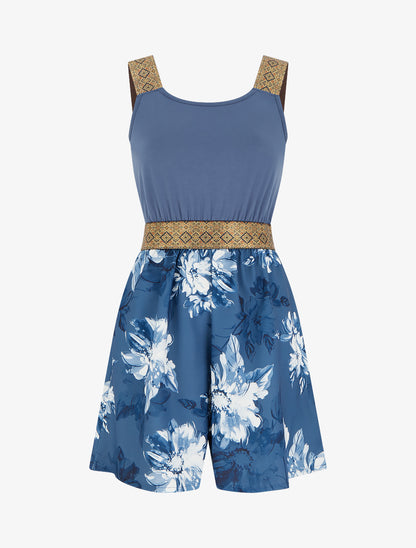 Combishort imprimé floral à bretelles fantaisies - Bleu - 1