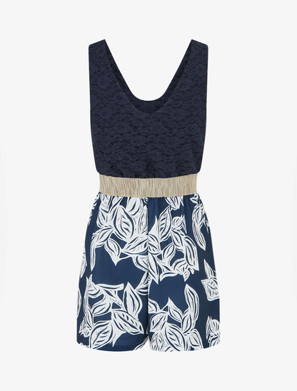 Combishort imprimé floral à buste en dentelle - Marine - 2