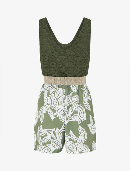 Combishort imprimé floral à buste en dentelle - Kaki - 2