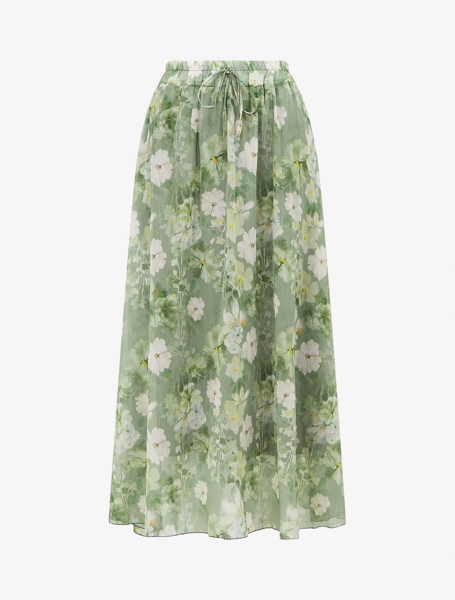 Jupe imprimé floral à taille élastiquée - Kaki - 1