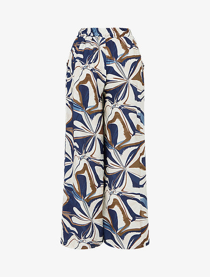 Pantalon imprimé abstrait à taille haute élastiquée - Marine - 2