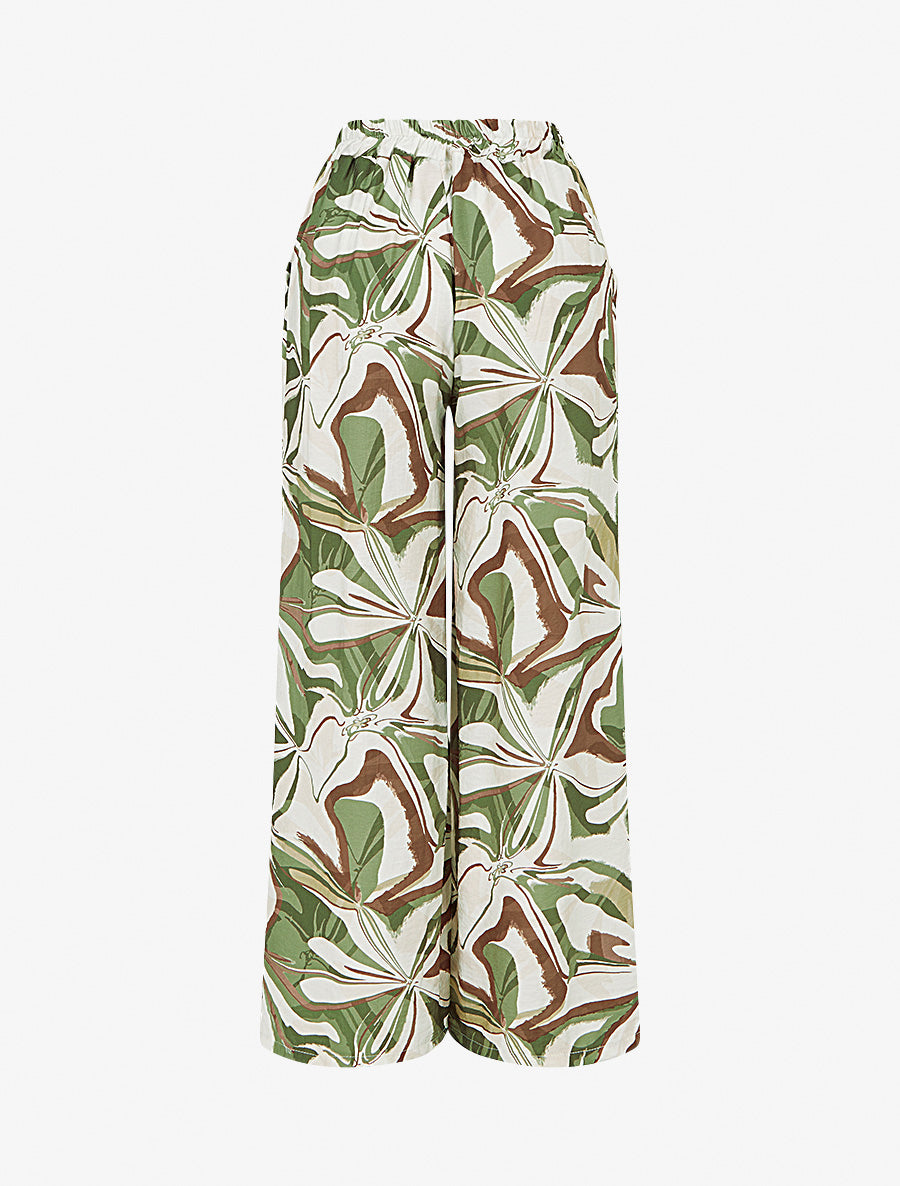 Pantalon imprimé abstrait à taille haute élastiquée - Kaki - 2